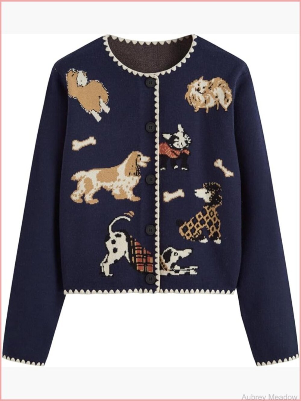 Crew Neck Button Down Knit Cardigan Sweater Dog Pattern Fall Winter Outfits - Picture 1 of 7
